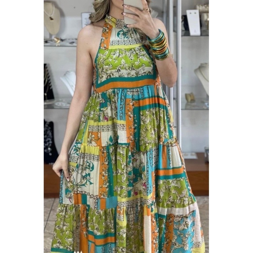 Entro Dress Patchwork Maxi "Heart of Gold" Halter Mock Neck Colorful Flowy